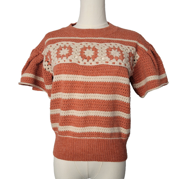 BiBi Short Puff Sleeve Retro Boho Orange Crochet Sweater Sz S NEW Cottagecore - Picture 1 of 10